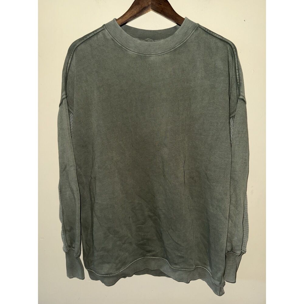 Aerie Oversized Crewneck Sweatshirt Contrast Waffle Knit Sleeve Olive Green XXS